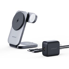 3-in-1 Magnetic Wireless Charging Station, Qi2 Certified 15W Foldable Wireless Charger Stand, Mag-Safe Compatible Fast Charging for iPhone 15/14, AirPods, Apple Watch 9 (USB-C Charger Included)