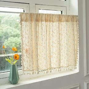 vctops Boho Daisy Floral Cotton Cafe Curtains with Tassels Rod Pocket Short Kitchen Curtain, 1 Panel (Daisy,24"x35")