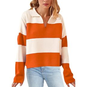 LifeShe Striped Sweater Women V Neck Long Sleeve Pullover Fall Sweaters Loose Oversized Knit Top