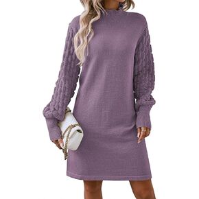 Pink Queen Women's Autumn Long Balloon Sleeve Knit Dress Winter High Neck Warm Dress Empire Waist Evening Out Pullover Mini Sweater Dresses Lavender Purple M