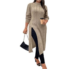 SOLY HUX Women's Plus Size Sweaters Mock Neck Long Sleeve Split Hem Cable Knit Long Sweater Pullover Fall Tops