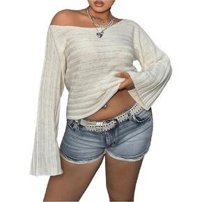 WDIRARA Women's Plus Size Boat Neck Long Bell Sleeve Sweater Knitted Pullovers Top