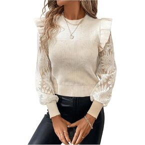GORGLITTER Women's Floral Mesh Puff Sleeve Sweater Crewneck Ruffle Trim Elegant Tops