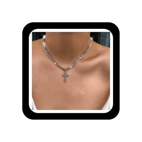 Cubic Zirconia Tennis Necklace Choker Cz Cross Pendant Choker Necklace Sparkly Crystal Chain Tennis Necklace Faux Diamond Crucifix Necklace Chain Religious Belief Jewelry for Women Men