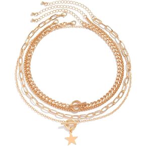Star Layered Necklaces for Women Gold Silver Plated OT Clasp Choker Paperclip Chain Pentagram Pendant Necklace Vintage Trendy Punk Y2k Jewelry Set Gifts