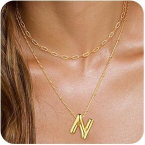 Initial Necklaces for Women Balloon Bubble Letter Necklace Gold Dainty Layered Paperclip Chain Alphabet Pendant Puffy Name Personalized Choker Necklace Jewelry Gifts for Women