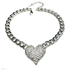 16 Inch Plated Lots of Love Rhinestone Cuban Link 1.5 Inch Heart Necklace Adjustable Chain Statement Choker for Women Pave Setting 3 Styles Hypoallergenic