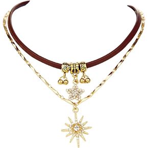 Layered Sun Star Leather Choker Necklace Y2k Gold Plated Boho Elegant Sunflower Lucky Stars Chic Rhinestone Cubic Zirconia Planet Celestial Short Collar Necklace for Women Prom Party Fashion Jewelry Gifts