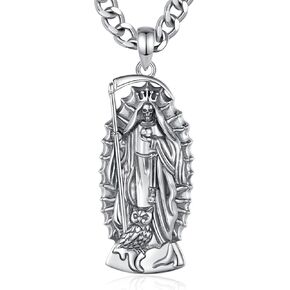 S925 Sterling Silver Santa Muerte Necklace for Men Women, Vintage Santa Muerte Holy Death Pendant Amulet Skull Grim Reaper Jewelry Original Gifts for Women Mens, 22+2inch
