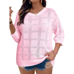 Beautife Womens Plus Size 3/4 Sleeve Tops Dressy Casual Crochet Knit Tunic Lightweight Sweaters