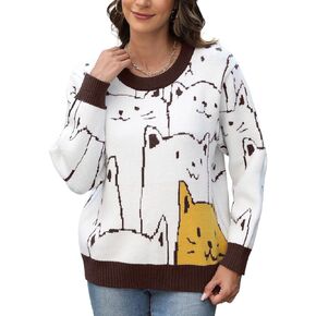 Wyeysyt Cat Sweater for Women Pullover Oversized Crewneck Cable Knit Sweater Cute Kawaii Cartoon Loose Fit Pullover Top