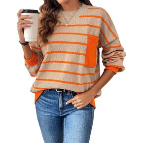 Womens Ladies Dressy Casual Cute Color Block Striped Pocket Pullover Sweater Fall 2024