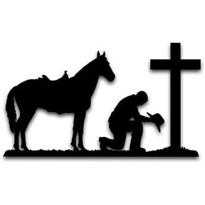 Cowboy Praying at Cross Horse Vinyl Decal Sticker | Cars Trucks Vans SUVs Walls Cups Laptops | 5.5 Inch Decal | Black | KCD2983B