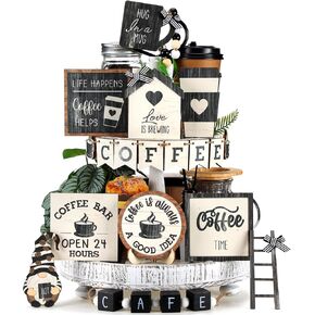 Mifoci 17 Pcs Coffee Tiered Tray Decorations Wooden Coffee Bar Decor Coffee Farmhouse Bar Accessories Gnome Wooden Table Sign Coffee Decorations for Coffee Bar Kitchen Winter Valentines Gift