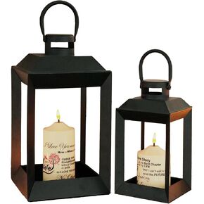 Foryoudecor set of 2 Matte Black Tabletop Decorative Lantern with LED Candle, Modern Metal Hanging Lantern for Wedding, Anniversary, Dinner, Party, Home Decor
