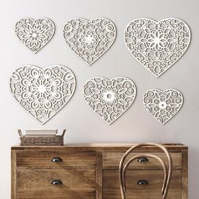 Wesiti 6 Pcs Valentine's Day Heart decor Wood Hollow Carved Wall Sign Rustic Hanging Wall Panel Carved Floral Patterned Sculpture for Kitchen Bedroom Living Room Office Decoration, 3 Sizes