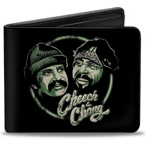 Cheech & Chong Wallet, Bifold, Cheech and Chong Pose and Script Black Greens, Vegan Leather