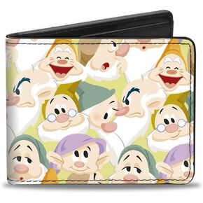 Buckle-Down Men's Disney Wallet, Bifold, Snow White The Seven Dwarfs Faces Stacked Yellow, Vegan Leather, 4.0" x 3.5"