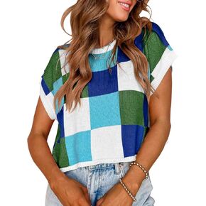 IRISGOD Womens Cap Sleeve Knit Tops Summer Short Sleeve Sweater Vest Color Block Crop T-Shirts