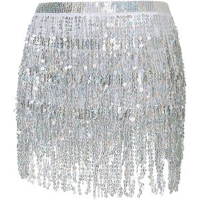 Sequin Tassel Skirt Glitter Fringe Hip Scarf Party Sparkle Skirt Belly Dance Performance Skirt Short Sparkly Skirt Silver Sequins Fringe Skirt