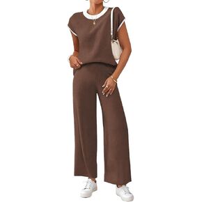 SHEWIN Womens 2 Piece Lounge Sets Casual Cap Sleeve Knit Sweater Top and Linen Pants Set Summer Outfits Clothes