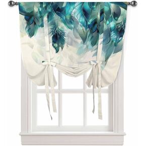 Peacock Feathers Tie Up Curtains for Kitchen Bedroom Living Room Windows, Teal Turquoise Blue Ombre Animal Adjustable Tie-Up Shade Rod Pocket Curtain Valance Drape 1 Panel, 34" x 45"