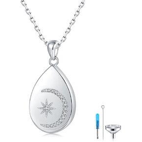 Star Moon Teardrop Urn Necklaces for Ashes 925 Sterling Silver Cremation Jewelry Memorial Waterdrop Ashes Keepsake Pendant for Dog Cat Human Ashes,Jewelry Gift for Ashes of Loved Ones