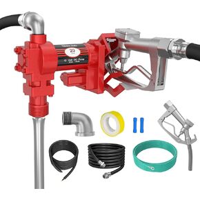 Handor 12V 20 GPM Fuel Transfer Pump with Discharge Hose & Manual Nozzle for Oil Fuel Diesel Gasoline Biodiesel Ethanol Methanol Blends Kerosene