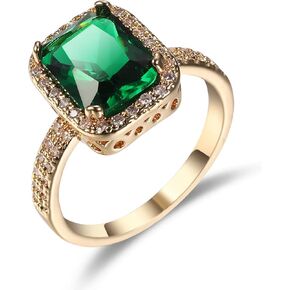 Women's Classic Yellow Gold Plated Green Simulated Emerald Cocktail Solitaire Rings, Engagement Ring with Emerald Cut Gemstones CZ Birthstone Jewelery