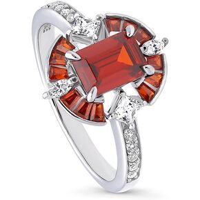 BERRICLE Sterling Silver Halo Simulated Garnet Step Emerald Cut Cubic Zirconia CZ Statement Vintage Inspired Art Deco Fashion Ring for Women, Rhodium Plated Size 4-10