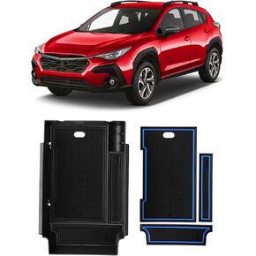 FIILINES Center Console Organizer with Anti-Slip Mats for Subaru Crosstrek 2024, Console Tray Secondary Armrest Storage Box ABS Insert Container Accessories with Black and Blue Mats