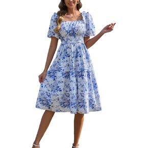 Kormei Women's Square Neck Summer Boho Floral Puff Sleeve A-line Tiered Flowy Casual Midi Dress Smocked Dresses