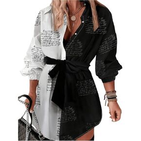 WDIRARA Women's Contrasting Random Slogan Print Collar Neck Long Sleeve Button Down Short Dress