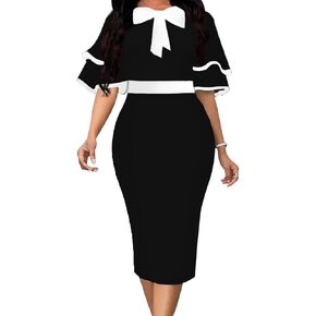 IbuduSexy Church Dresses for Women 2024 Elegant Ruffled Midi Work Dress Bow Tie