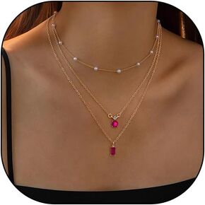 GIGB PBDK Dainty Silver Layered Choker Pendant Necklace for Women, Red Crystal Pendant Necklace Rhinestone Adjustable Choker Necklaces for Women