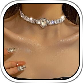 JEAIRTS Choker Rhinestone Necklace Silver Heart Necklace Sparkly Crystal Chokers Bling Party Prom Necklaces Chain Jewelry for Women