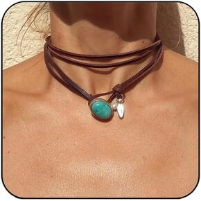 HTH Boho Choker Necklace for Women Layered Bohemian Turquoise Leather Choker Western Boho Necklace
