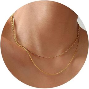 Herringbone Necklace for Women, Dainty Gold Necklace 14k Gold Plated Layered Snake Chain Necklace Simple Gold Beaded Paperclip Box Chain Choker Necklaces Trendy Gold Necklace for Women