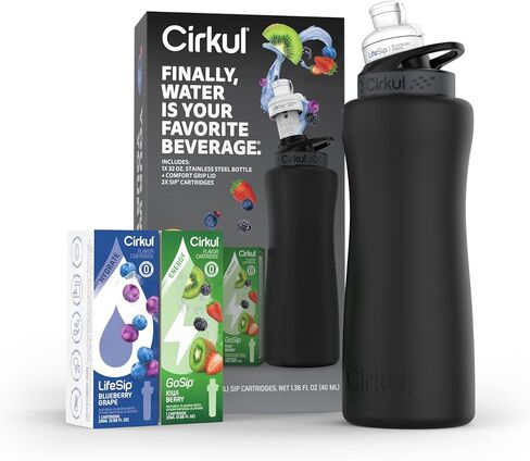 Cirkul 32oz. Chameleon Stainless Steel Water Bottle Starter Kit with Green Lid, 2 Flavor Cartridges (1 LifeSip Blackberry Blueberry, 1 GoSip Berry Blue Punch) Zero Calories and No Sugar in Saudi Arabia