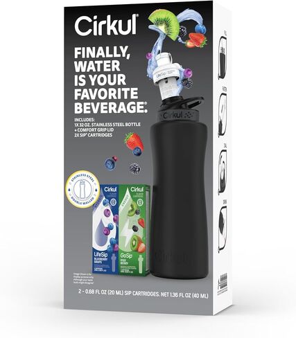 Cirkul 32oz. Chameleon Stainless Steel Water Bottle Starter Kit with Green Lid, 2 Flavor Cartridges (1 LifeSip Blackberry Blueberry, 1 GoSip Berry Blue Punch) Zero Calories and No Sugar in Saudi Arabia