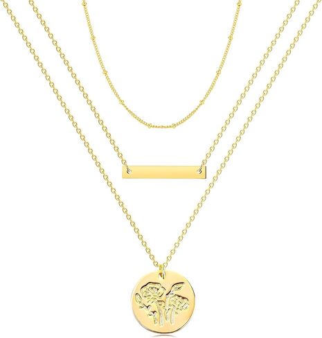 MJartoria 3 في 1 قلادة شريطية ذهبية الطبقات للنساء زهرة أغسطس 14 قيراط مطلية بالذهب لطيف ولادة زهرة قرص عملة قلادة سلسلة أنيقة قابلة للتعديل سلسلة خرز قمر صناعي مجوهرات عصرية هدايا عيد ميلاد in Kuwait