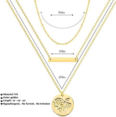 MJartoria 3 في 1 قلادة شريطية ذهبية الطبقات للنساء زهرة أغسطس 14 قيراط مطلية بالذهب لطيف ولادة زهرة قرص عملة قلادة سلسلة أنيقة قابلة للتعديل سلسلة خرز قمر صناعي مجوهرات عصرية هدايا عيد ميلاد in Kuwait