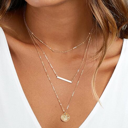 MJartoria 3 في 1 قلادة شريطية ذهبية الطبقات للنساء زهرة أغسطس 14 قيراط مطلية بالذهب لطيف ولادة زهرة قرص عملة قلادة سلسلة أنيقة قابلة للتعديل سلسلة خرز قمر صناعي مجوهرات عصرية هدايا عيد ميلاد in Kuwait