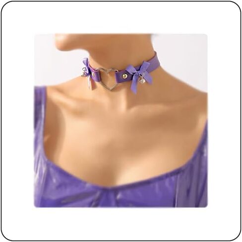 Gothic Leather Heart Choker Necklace Bell Bow-knot Pendant Choker Punk Collar Necklace Hollow Heart Statement Necklace for Women (Purple) in Saudi Arabia