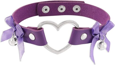 Gothic Leather Heart Choker Necklace Bell Bow-knot Pendant Choker Punk Collar Necklace Hollow Heart Statement Necklace for Women (Purple) in Saudi Arabia
