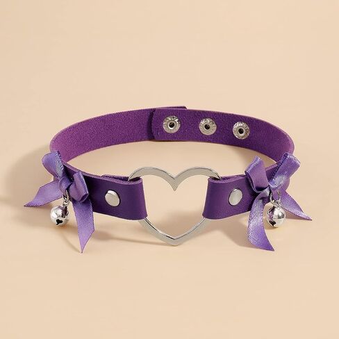 Gothic Leather Heart Choker Necklace Bell Bow-knot Pendant Choker Punk Collar Necklace Hollow Heart Statement Necklace for Women (Purple) in Saudi Arabia