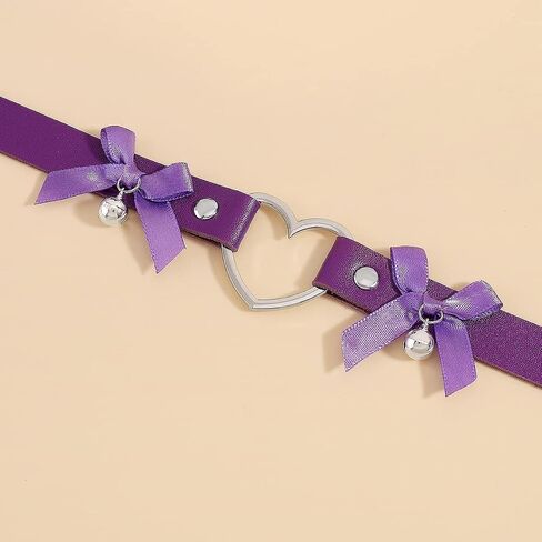 Gothic Leather Heart Choker Necklace Bell Bow-knot Pendant Choker Punk Collar Necklace Hollow Heart Statement Necklace for Women (Purple) in Saudi Arabia