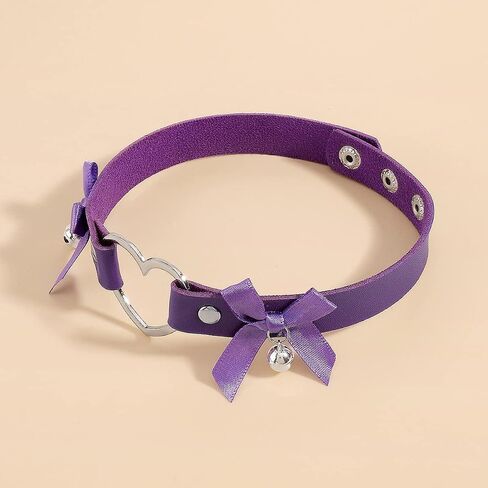 Gothic Leather Heart Choker Necklace Bell Bow-knot Pendant Choker Punk Collar Necklace Hollow Heart Statement Necklace for Women (Purple) in Saudi Arabia