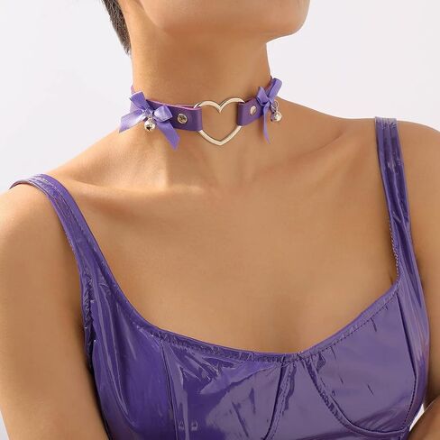 Gothic Leather Heart Choker Necklace Bell Bow-knot Pendant Choker Punk Collar Necklace Hollow Heart Statement Necklace for Women (Purple) in Saudi Arabia
