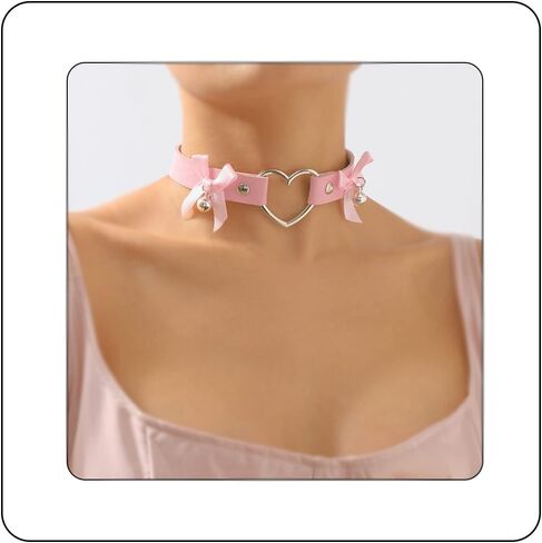 Gothic Leather Heart Choker Necklace Bell Bow-knot Pendant Choker Punk Collar Necklace Hollow Heart Statement Necklace for Women (Purple) in Kuwait